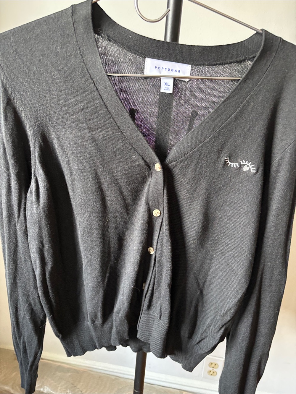 POPSUGAR Black V-Neck Button Cardigan with Eye Embroidery xl